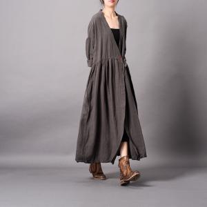 Plunging Neck Embroidered Wrap Dress Linen Long Kimono for Woman