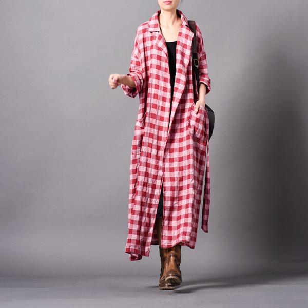 Cotton Linen Long Plaids Blazers Plus Size Elegant Wrap Coat