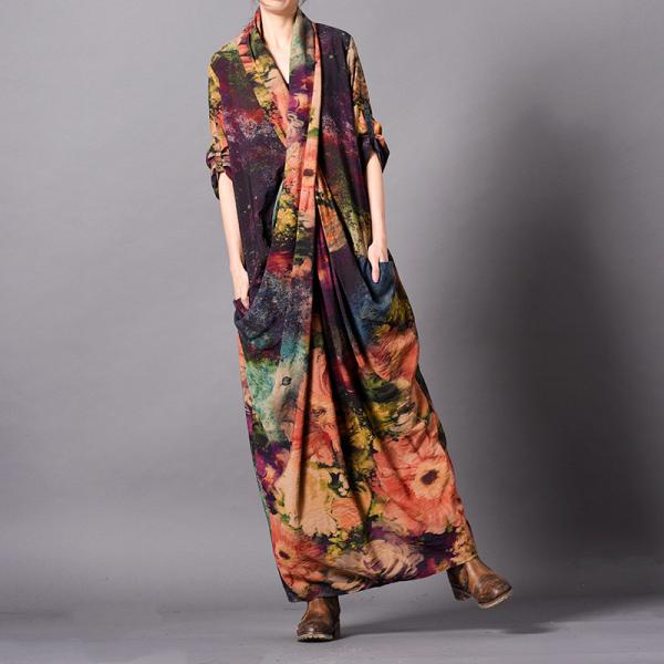 Back Slits Maxi Printed Dress Loose Silk Designer Dress