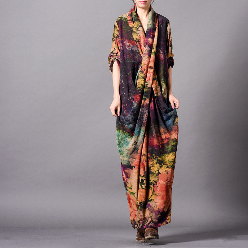 Back Slits Maxi Printed Dress Loose Silk Designer Dress in As The Photo ...