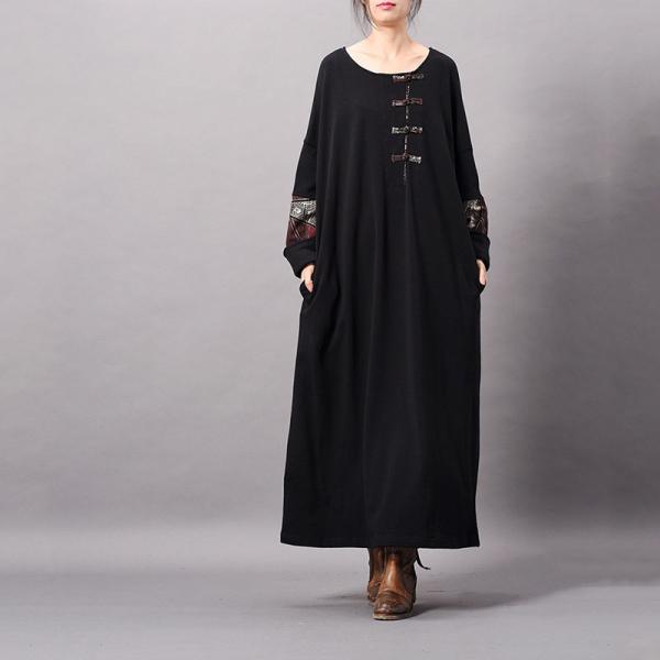 Chinese Pankou Oversized Cotton Dress Ethnic Black Tent Dress