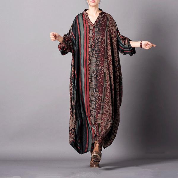 Tribal Novelty Printing Flared Dress Bat Sleeve Plus Size Kaftan