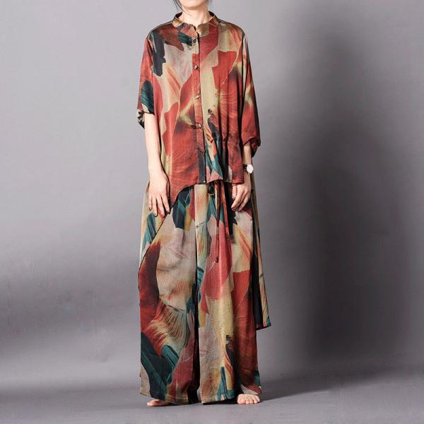 Asymmetrical Printed Silk Blouse with Tencel Palazzo Pants