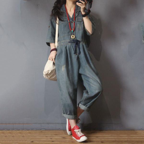 Half Sleeve Baggy Denim Jumpsuits Fashion Drawstring Waist Jeans Overalls