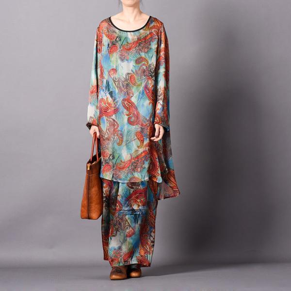 Comfy Style Ethnic Pattern Silk Sets Plus Size Vintage Two-Pieces