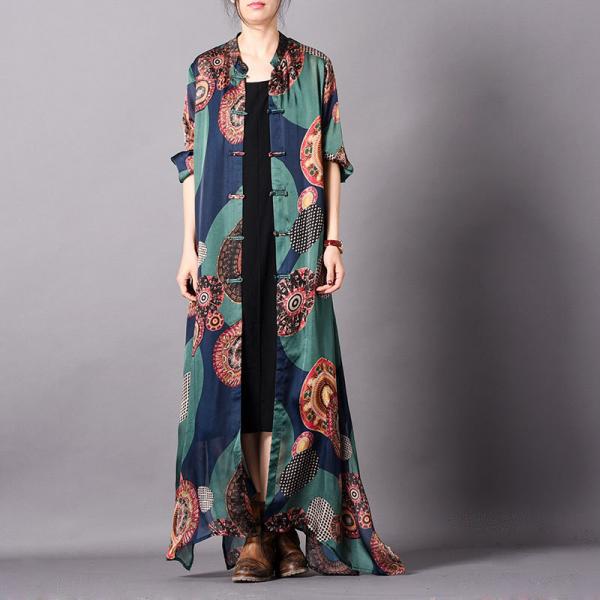 Cheongsam-Like Silky Vintage Cardigan Round Prints Plus Size Shirt Dress