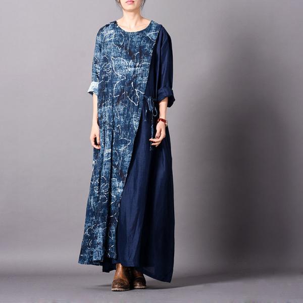 Lotus Prints Cotton Linen Designer Dress Loose Blue Wrap Dress for ...