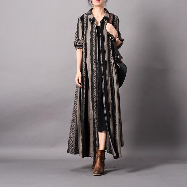 Vertical Stripes Folk Shirt Dress Cotton Linen Loose Outerwear