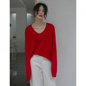 Casual Style Wool V-Neck Sweater Korean Oversized T-shirt