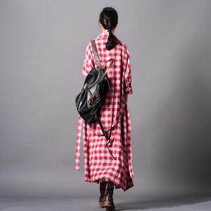 Cotton Linen Long Plaids Blazers Plus Size Elegant Wrap Coat