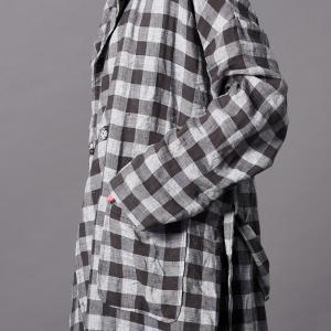 Cotton Linen Long Plaids Blazers Plus Size Elegant Wrap Coat