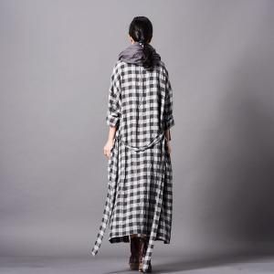 Cotton Linen Long Plaids Blazers Plus Size Elegant Wrap Coat