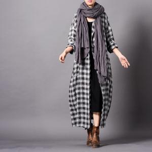 Cotton Linen Long Plaids Blazers Plus Size Elegant Wrap Coat