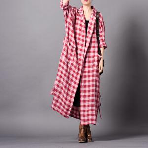 Cotton Linen Long Plaids Blazers Plus Size Elegant Wrap Coat