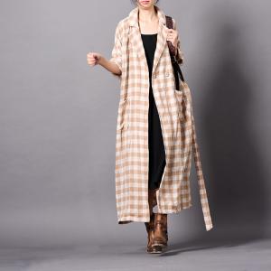 Cotton Linen Long Plaids Blazers Plus Size Elegant Wrap Coat