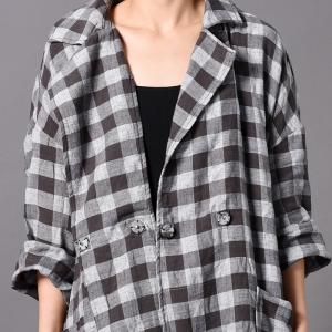 Cotton Linen Long Plaids Blazers Plus Size Elegant Wrap Coat