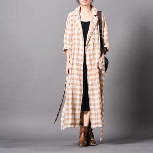 Cotton Linen Long Plaids Blazers Plus Size Elegant Wrap Coat