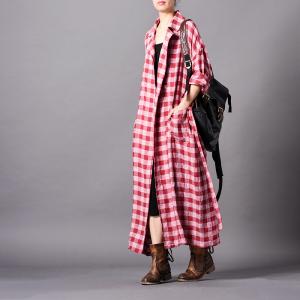 Cotton Linen Long Plaids Blazers Plus Size Elegant Wrap Coat