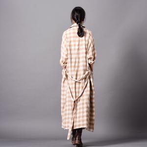 Cotton Linen Long Plaids Blazers Plus Size Elegant Wrap Coat