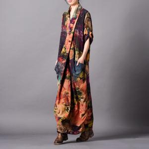 Back Slits Maxi Printed Dress Loose Silk Designer Dress