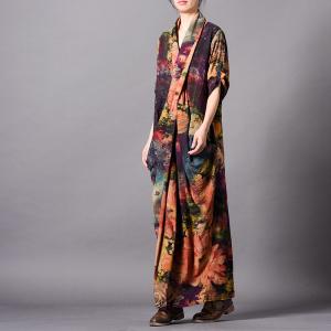 Back Slits Maxi Printed Dress Loose Silk Designer Dress