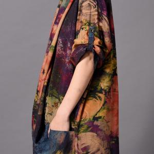 Back Slits Maxi Printed Dress Loose Silk Designer Dress