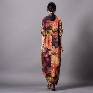 Back Slits Maxi Printed Dress Loose Silk Designer Dress