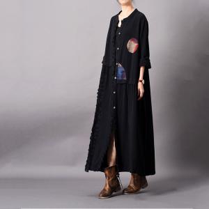 Patchwork Ornament Loose Black Kimono Long Fringed Cardigan