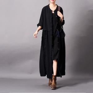 Patchwork Ornament Loose Black Kimono Long Fringed Cardigan