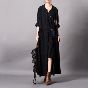 Patchwork Ornament Loose Black Kimono Long Fringed Cardigan