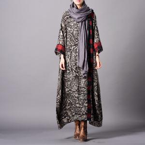 Ethnic Paisley Printed Vintage Fit and Flare Dress Plus Size Cotton Linen Clothing