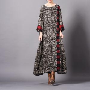 Ethnic Paisley Printed Vintage Fit and Flare Dress Plus Size Cotton Linen Clothing