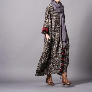 Ethnic Paisley Printed Vintage Fit and Flare Dress Plus Size Cotton Linen Clothing