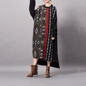 Large Checks Folk Dress Cotton Asymmetrical Sweatshirt Dress