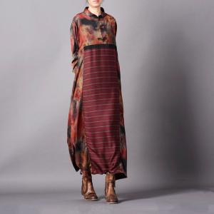 Over40 Fashion Silk Printed Striped Dress Vintage Flared Chinese Dress
