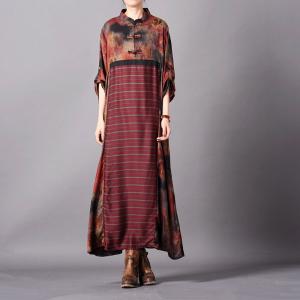 Over40 Fashion Silk Printed Striped Dress Vintage Flared Chinese Dress