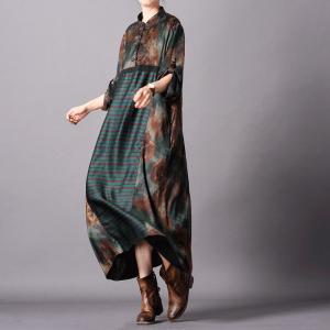 Over40 Fashion Silk Printed Striped Dress Vintage Flared Chinese Dress