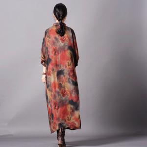 Over40 Fashion Silk Printed Striped Dress Vintage Flared Chinese Dress