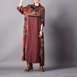 Over40 Fashion Silk Printed Striped Dress Vintage Flared Chinese Dress