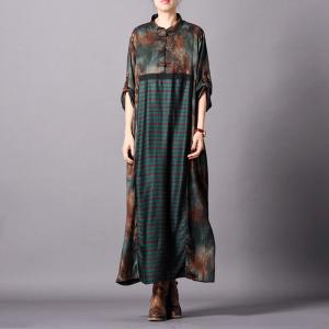 Over40 Fashion Silk Printed Striped Dress Vintage Flared Chinese Dress