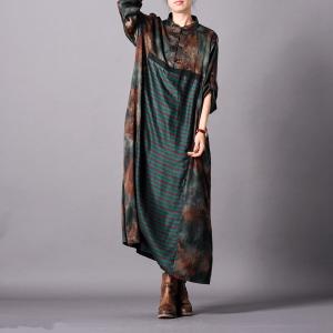 Over40 Fashion Silk Printed Striped Dress Vintage Flared Chinese Dress