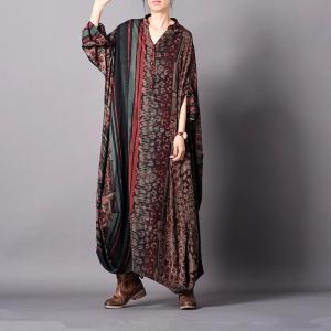 Tribal Novelty Printing Flared Dress Bat Sleeve Plus Size Kaftan