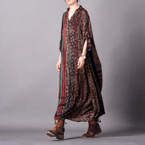 Tribal Novelty Printing Flared Dress Bat Sleeve Plus Size Kaftan