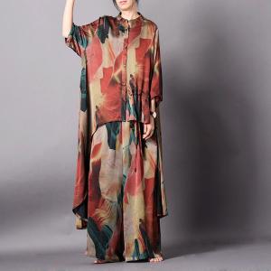 Asymmetrical Printed Silk Blouse with Tencel Palazzo Pants