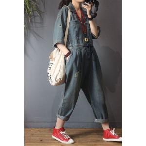 Half Sleeve Baggy Denim Jumpsuits Fashion Drawstring Waist Jeans Overalls