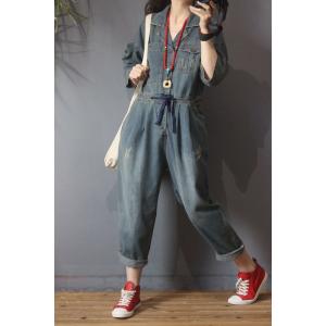 Half Sleeve Baggy Denim Jumpsuits Fashion Drawstring Waist Jeans Overalls