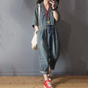 Half Sleeve Baggy Denim Jumpsuits Fashion Drawstring Waist Jeans Overalls