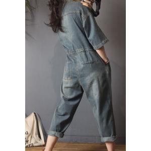 Half Sleeve Baggy Denim Jumpsuits Fashion Drawstring Waist Jeans Overalls