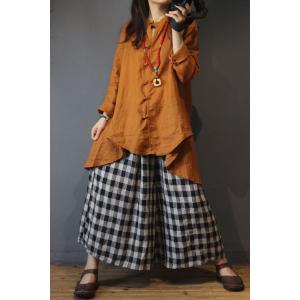 Vintage Buttons Asymmetrical Designer Blouse Loose Linen Ladies Shirt