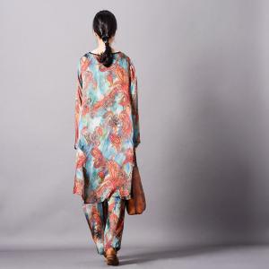 Comfy Style Ethnic Pattern Silk Sets Plus Size Vintage Two-Pieces